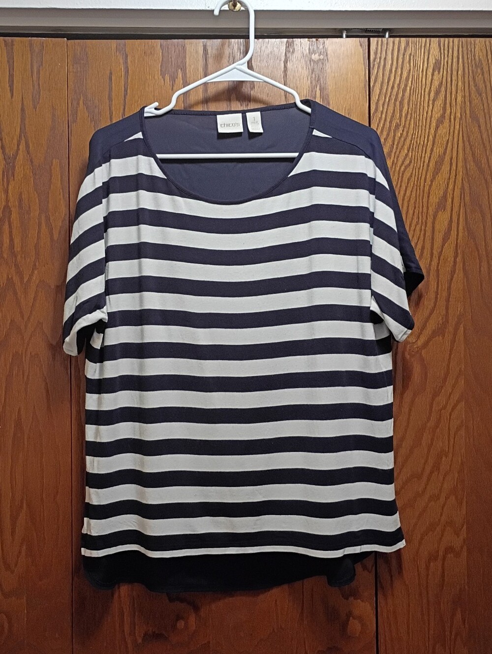 Chico's Navy and White Striped Short Sleeve Tee